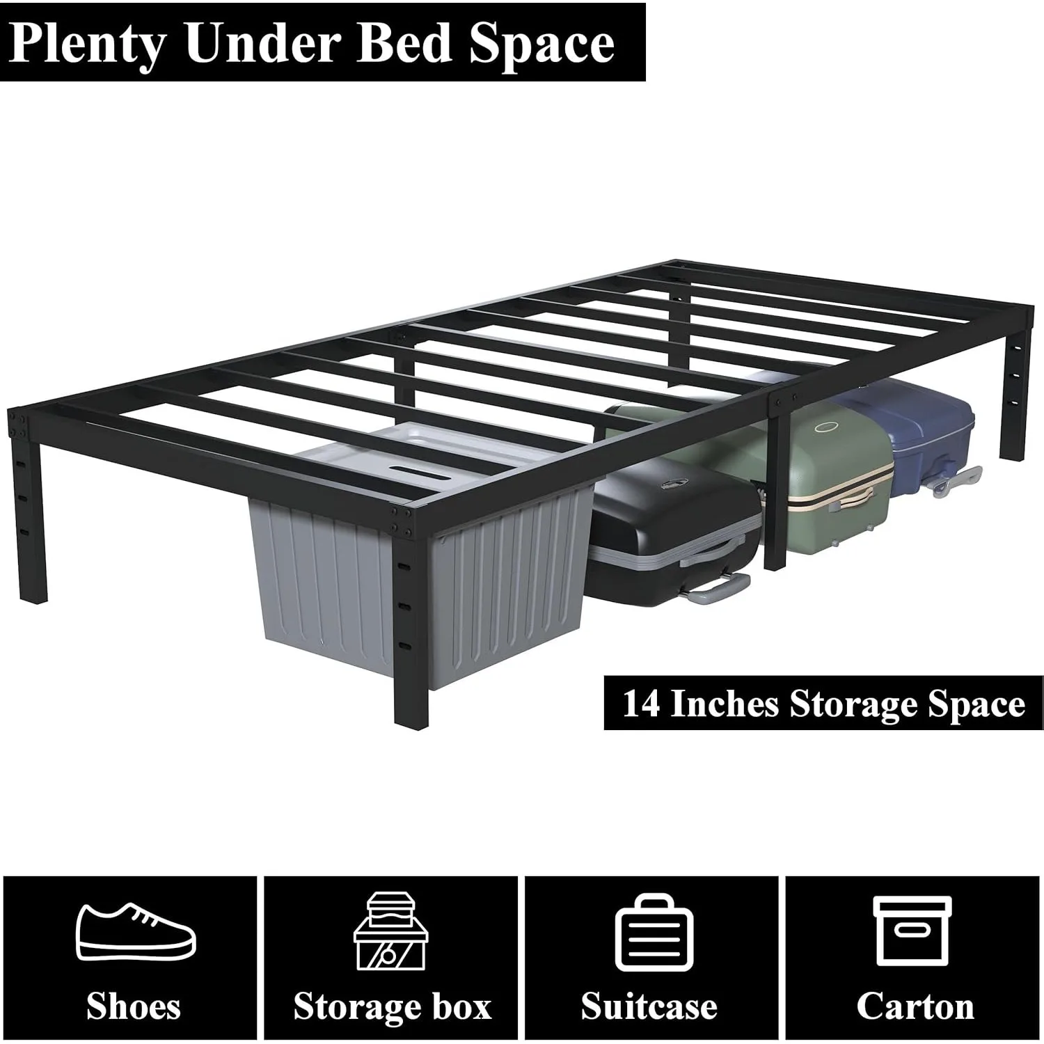 16 inch twin bed frame without box spring, metal platform, with 14 inch storage space, 2500 pound steel bar support, black image 6