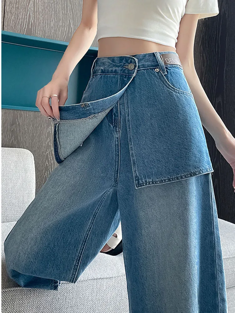パッチワークふくらはぎ丈ワイドレッグジーンズファッションスプライシングハイウエストデニムパンツ女性のカジュアルストリートストレートバケロス