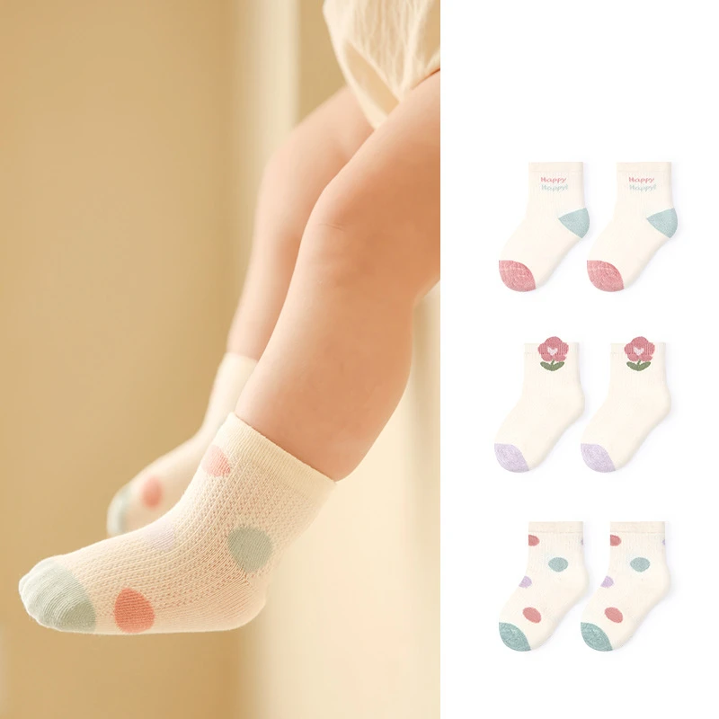 New baby cotton breathable sweat-absorbent socks summer cute pastoral style little flower baby mesh socks thin children's socks