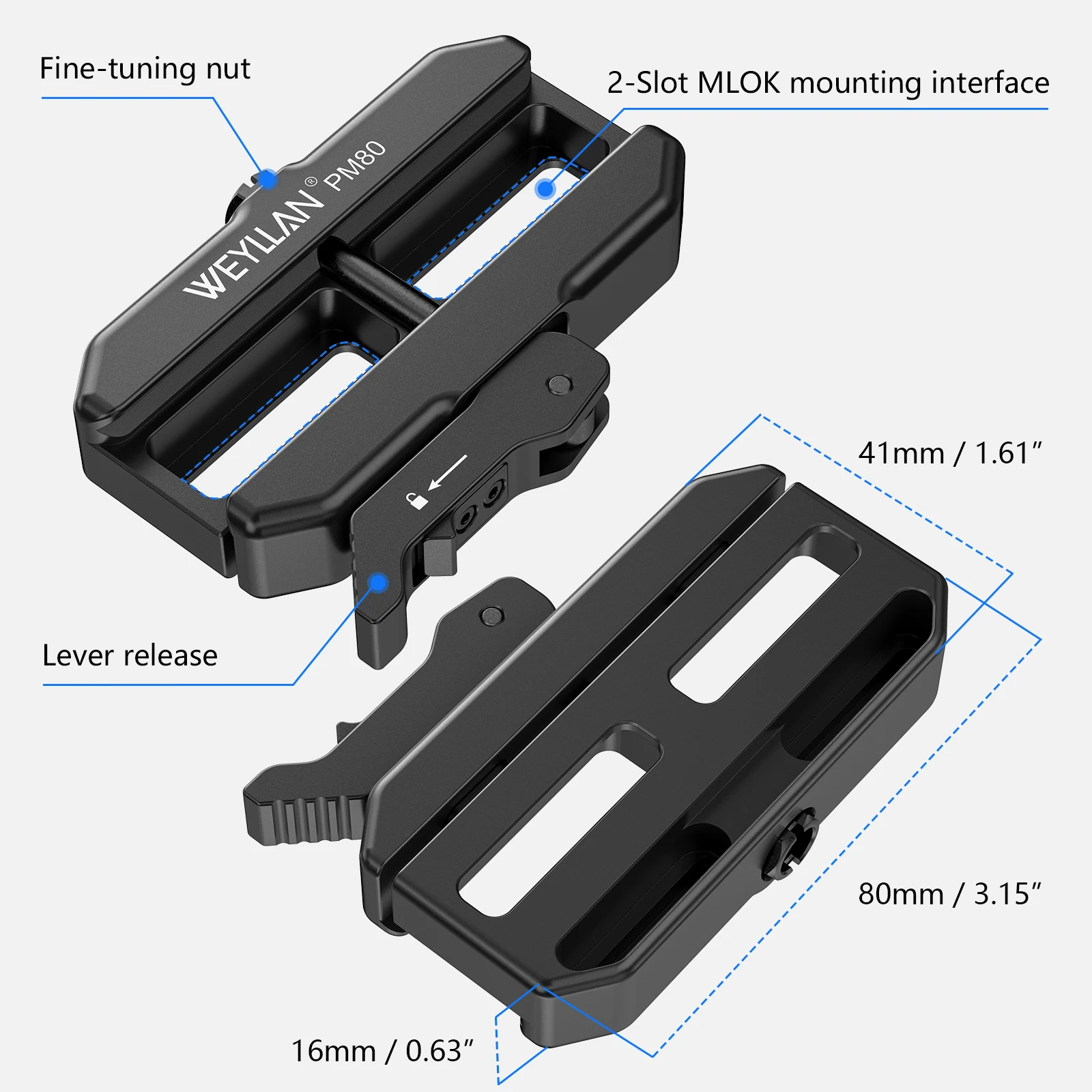 WEYLLAN PM80 Picatinny-zu-MLOK-Adapter mit Hebelmechanismus – Detail 2