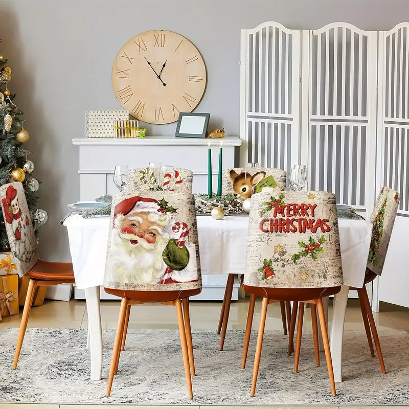 VIKAMA Vintage Christmas Chair Back Cover Santa Reindeer Print Removable Washable For Dining Room Kitchen Christmas Party Decor
