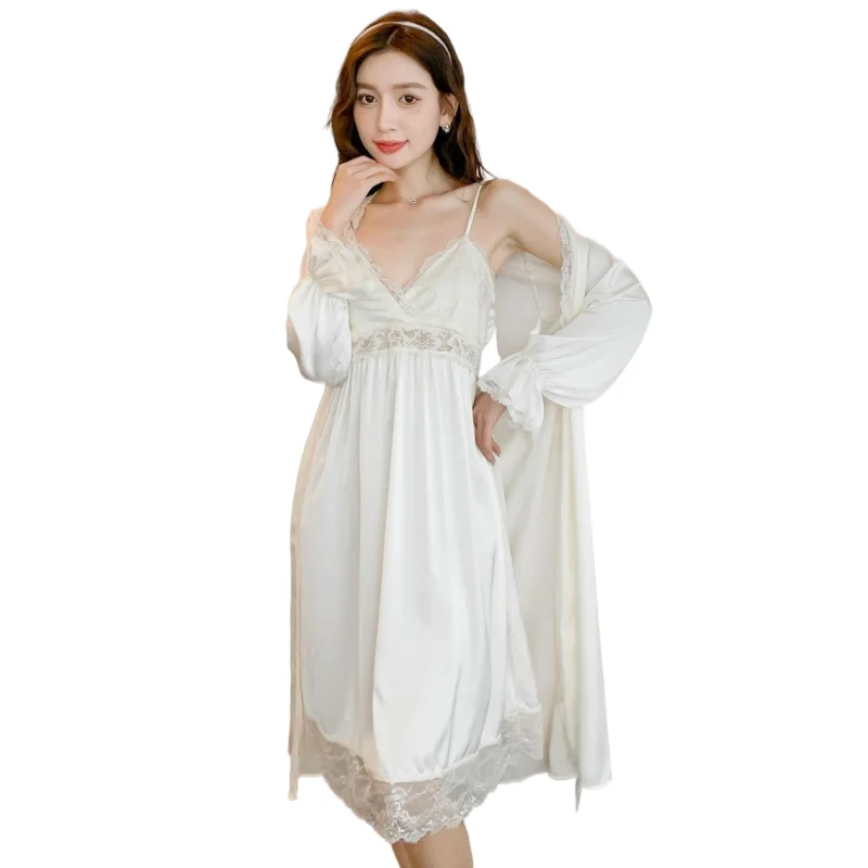 Women's Clothes Summer Thin Sleepwear Ice Silk Pajamas Two Piece Set of V-Neck Spaghetti Strap Dress and Robe Leisure Home Suit