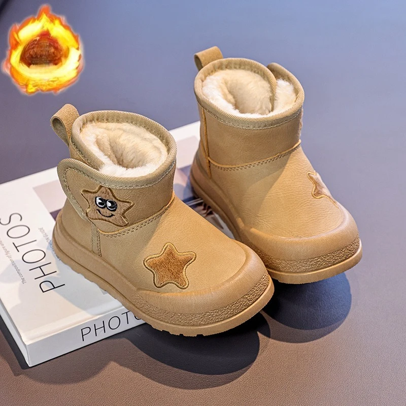 الأطفال أحذية بوت قصيرة أصابع توج لينة وحيد الاطفال الأحذية الجلدية هوك وحلقة 2025 شتاء جديد الفتيات حذاء من الجلد سميكة الفراء لطيف نجوم #4