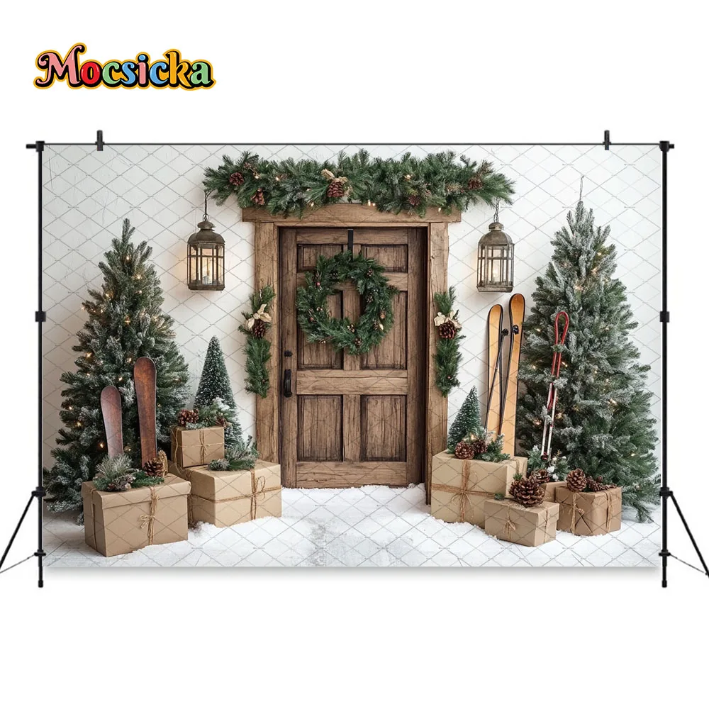 Mocsicka fundo de porta de natal de madeira, fotografia, trenó, presentes, árvore de natal, cenário de neve, inverno, criança, família, estúdio de fotos