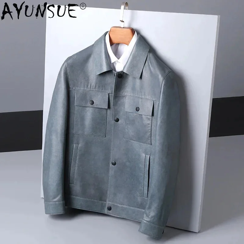 AYUNSUE 2025 Men Clothing Autumn Men's Jackets Sheepskin Genuine Leather Jacket Mens Clothes 5XL 6XL Ultra-thin Coat Ropa LXR465