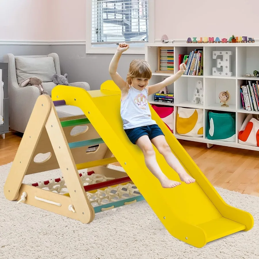 4in1 Triangle Climber with Ramp 3Side Climbing Triangle Ladder with Net Rope and Bars Wooden Montessori Climbing Toys for Toddl