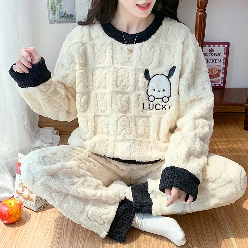 Sanrio Pochacco Animecoral fleece Pajamas Set Crew Neck Pullover large size Loose plus fat home clothes set winter Loungewear