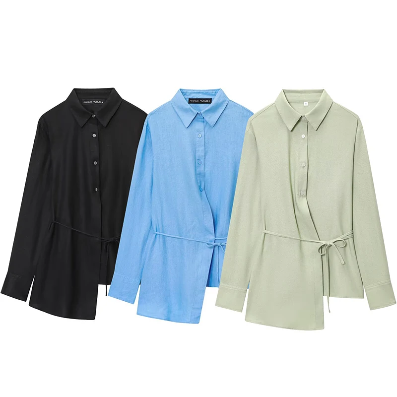 

RAFZNB Women's Fashion Asymmetric Hem Lace-up Shirt Turn-down Collar Long sleeves Casual Shirts Female Blouses Chic Tops ﻿