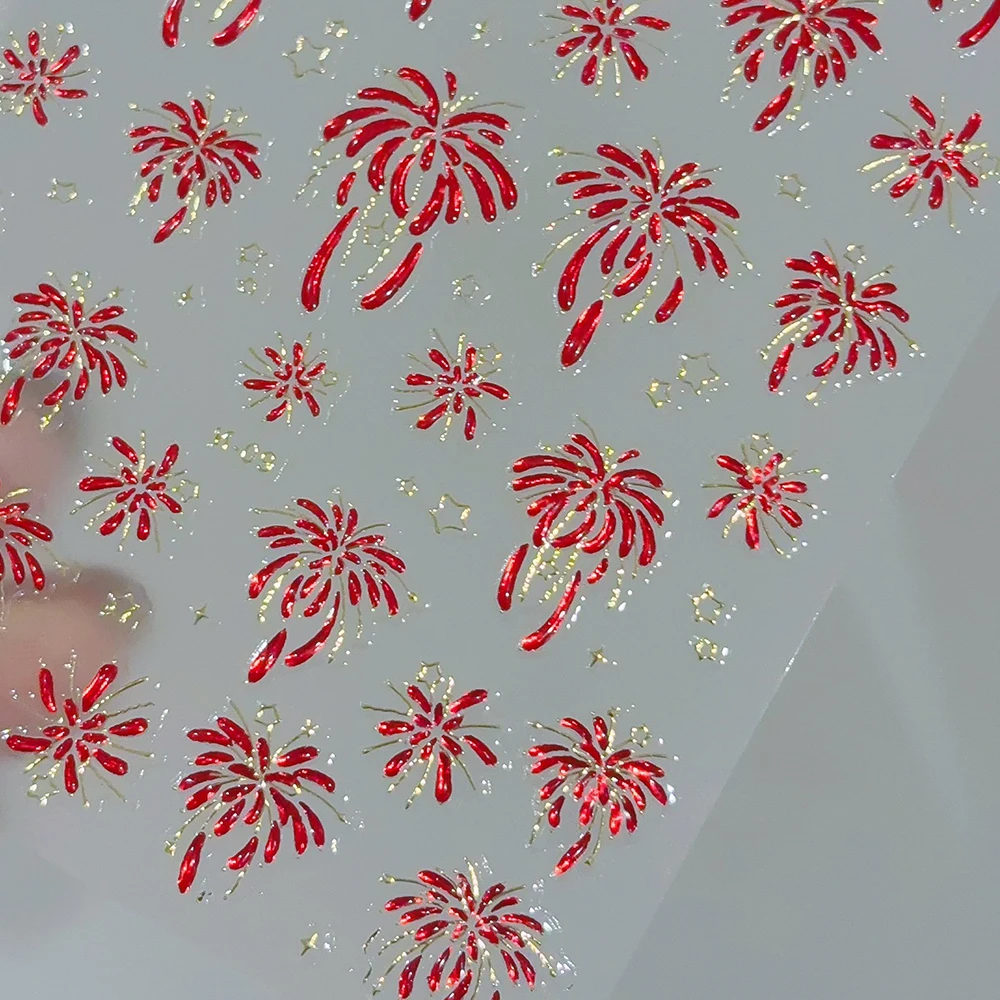 1pc 5D Jelly Firework Nail Art Sticker 2026 Chinese New Year Festival Red Glitter Nail Decoration Decals Celebration Nail Slider