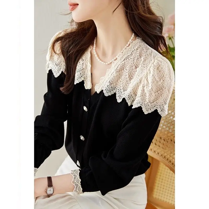 Spring Autumn New Fashion V-neck Long Sleeve Blouses Women\'s Clothing Patchwork Lace Single Breasted Sweet Cardigan Chic Shirts