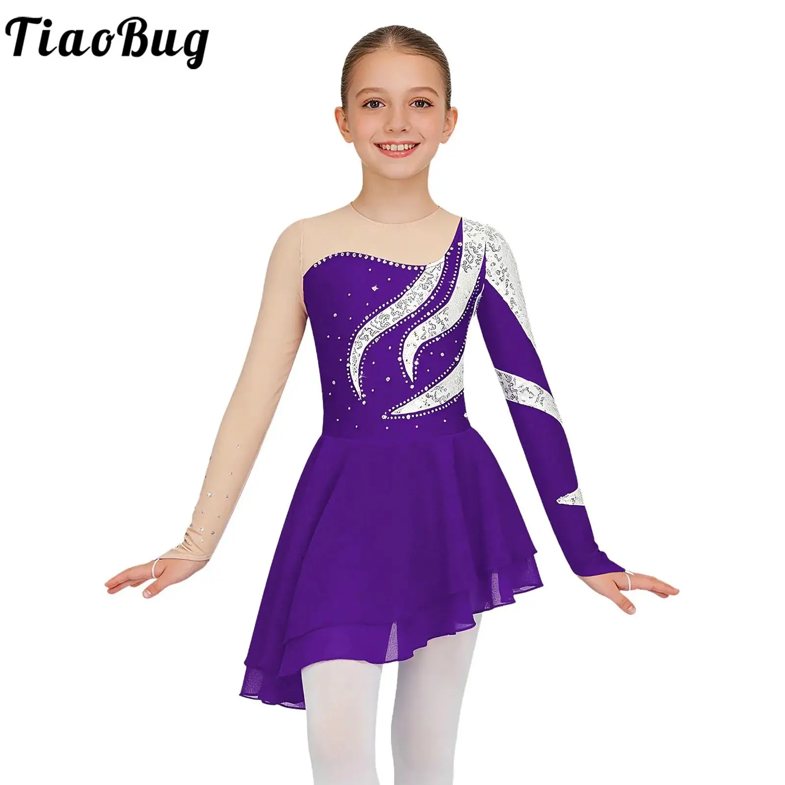 Children Girls Figure Skating Artistic Gymnastics Costume Long Sleeve Shiny Sequin Sheer Mesh Ballet Lyrical Dance Dress Leotard