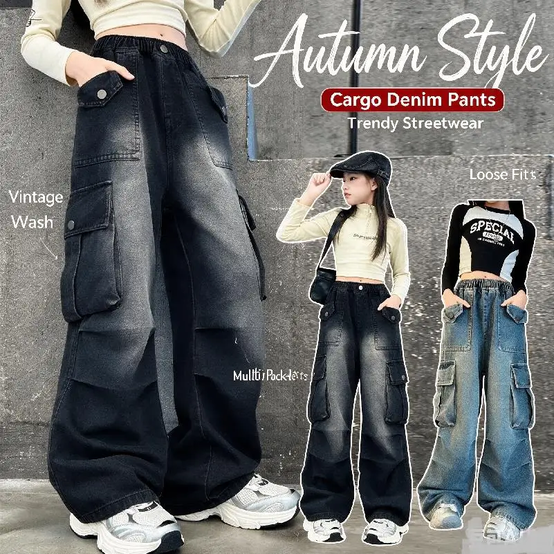 Mädchen Frühling Herbst Cargo Weite Bein Jeans 4-14 Jahre Kinder Elastische Hohe Taille Multi-Taschen Lose Freizeithose – Detail 2