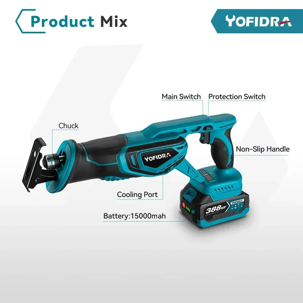 Yofidra 18V Brushless Reciprocating Saw Handsaw Saber Multifunction Saw for Metal Wood Pipe Cutting For Makita battery