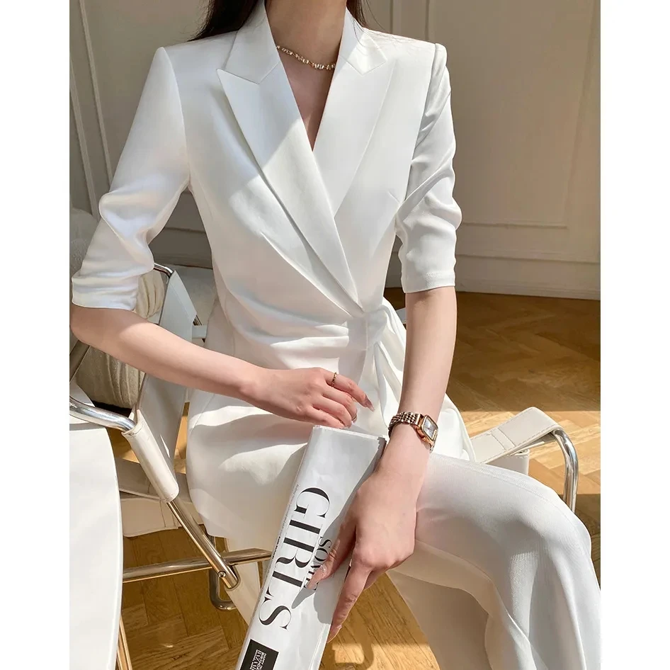 Summer Suit for Women Thin Office Wear 2024 Fashion Short Sleeve Lace-up Blazer Coat + High Waisted Pant Slim White Outfits