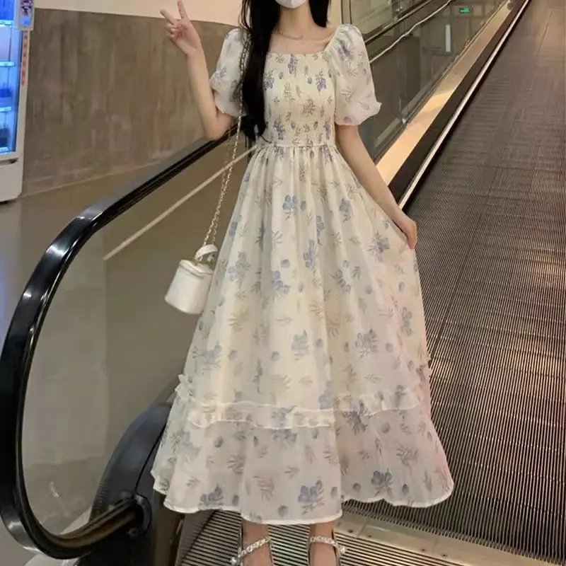 

Female Chiffon Dress Blue Floral Beach Women's short Sleeve Chiffon Dresses on Sales Chic and Elegant Pretty