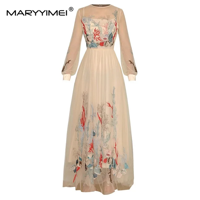 

MARYYIMEI Fashion Spring/Autumn Women's dress Long sleeve Mesh Vintage Embroidery Elegant Resort Long Dresses