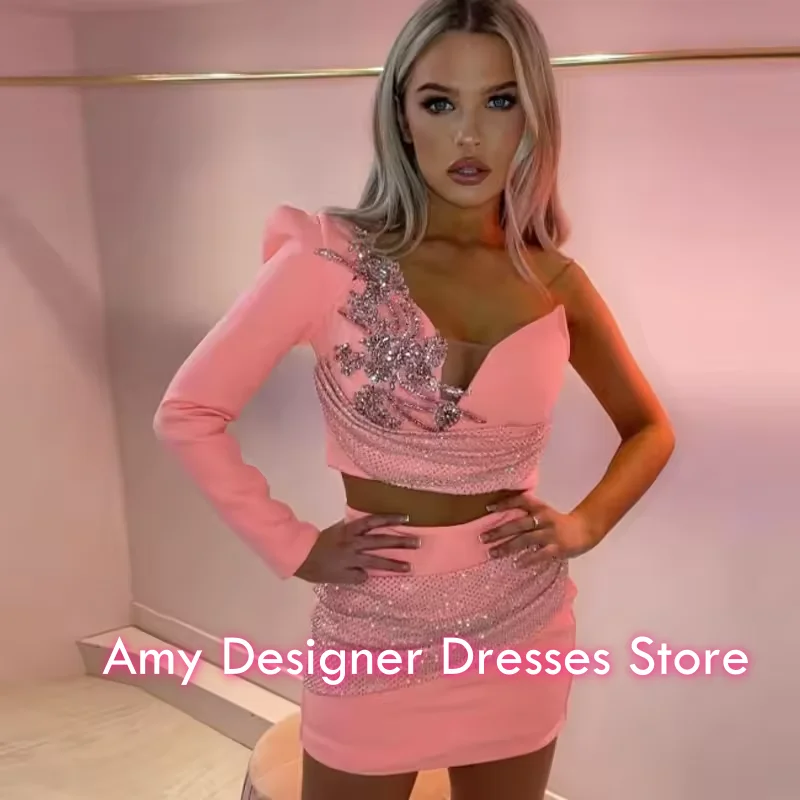 

Charming Short Cocktail Dresses V Neck One Shoulder A Line Women Party Dress Beaded Sequins Party Gowns Customized