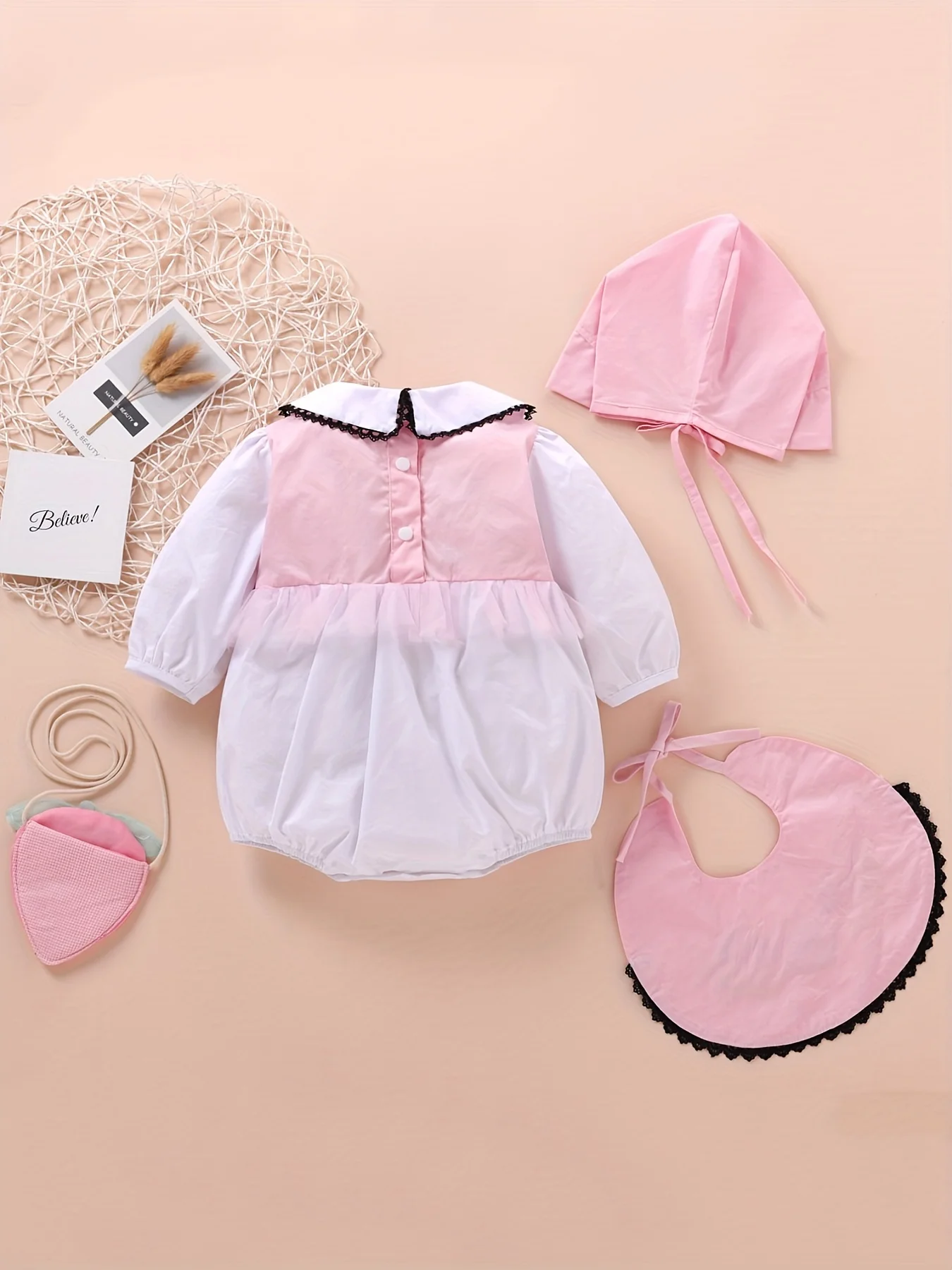 Girls Baby Retro Embroidered Outfit Set with Turn-down Collar Crawler + Embroidered Bib + Sun Hat Three-piece Set