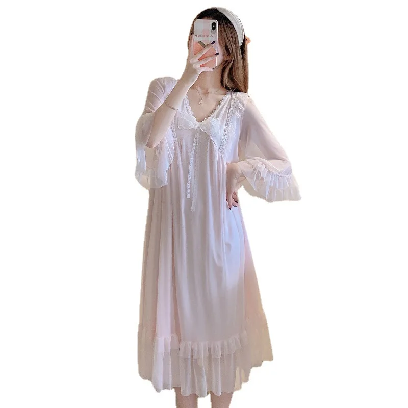 Women Lolita Night Dress Princess Sleepwear Multilayer Lace Mesh Romantic Vintage Victorian Nightgowns Nightdress Lounge Wear