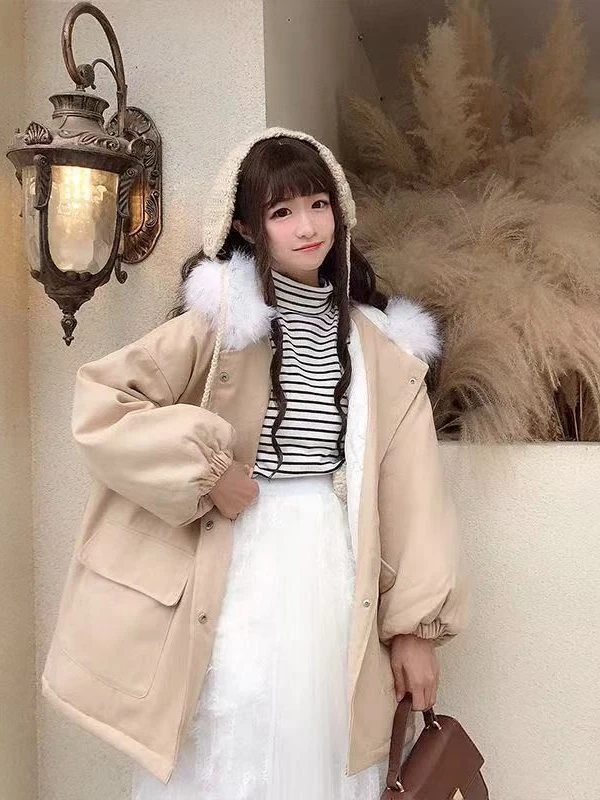 

Winter Thickened Korean Style Loose Cotton Jacket with Large Fur Collar Mid-Length for Women Students Long Sleeve Hooded Coat