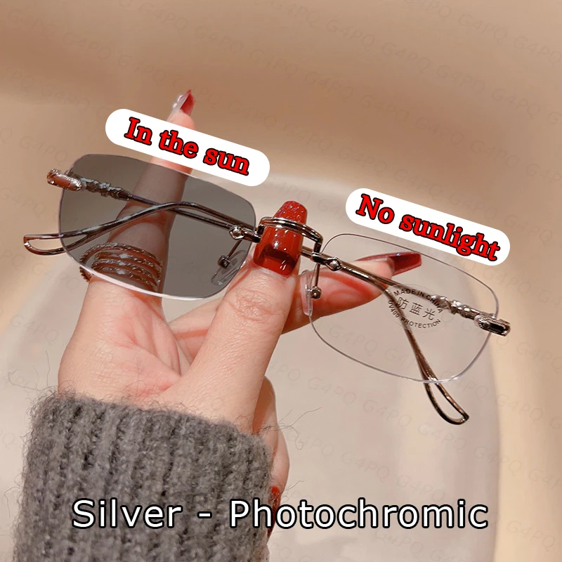 2025 mode Rahmenlose Photochrome Sonnenbrille Ultra-licht Mode Anti-blau Licht Brillen Für Frauen Männer Vintage Gläser F106