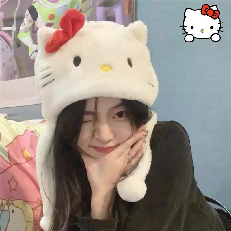 Hello Kitty Plush Hat Sanrioed Anime Kawaii Autumn Winter Cartoon Cute Sweet Girl Thicken Keep Warm Ear Protection Festival Gift