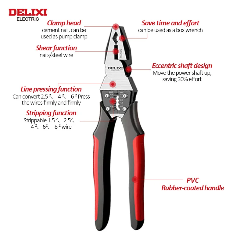 DELIXI ELECTRIC 7/9 Inch Wire Pliers Sharp Large Opening Stripping Pliers Industrial Grade Multifunctional Hardware Manual Tools