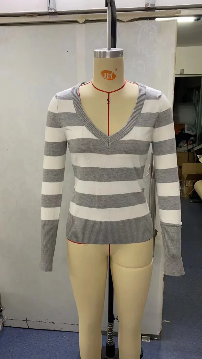 KUSAHIKI Sexy V-neck Striped Slim Fit Elegant Base Knit Sweater Autumn Winter 2024 New Pullover Women Knitwear Tops
