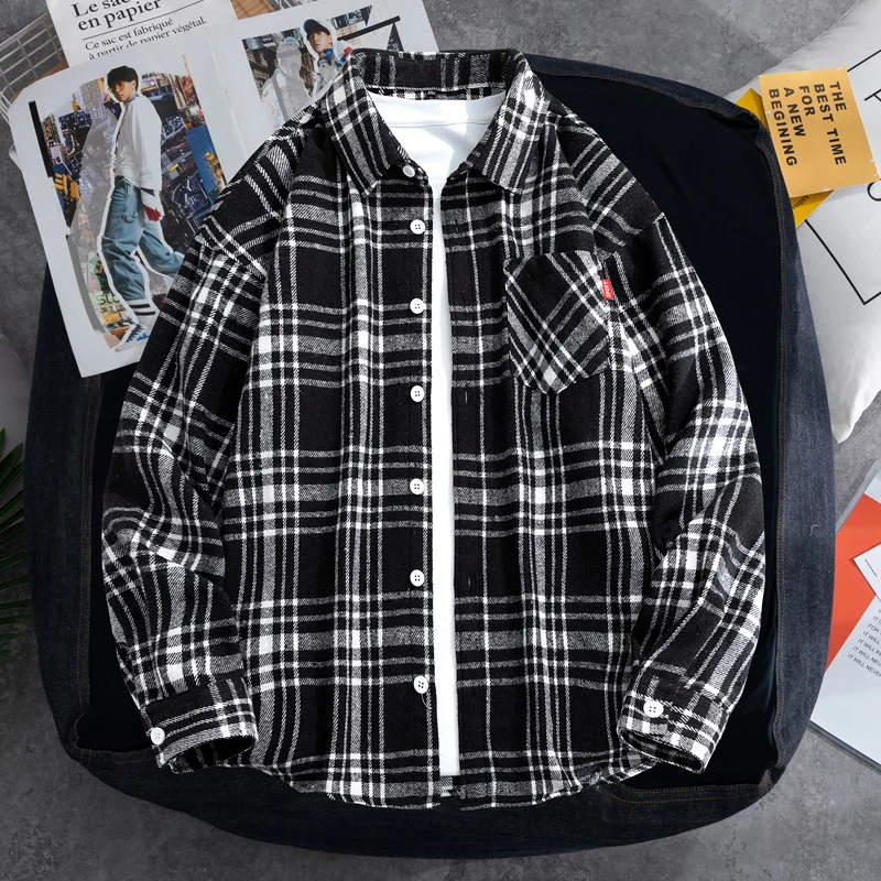 

L-9XL large size shirt spring and autumn new youth loose fashion plaid shirt thin long-sleeved shirt lapel shirt men and women