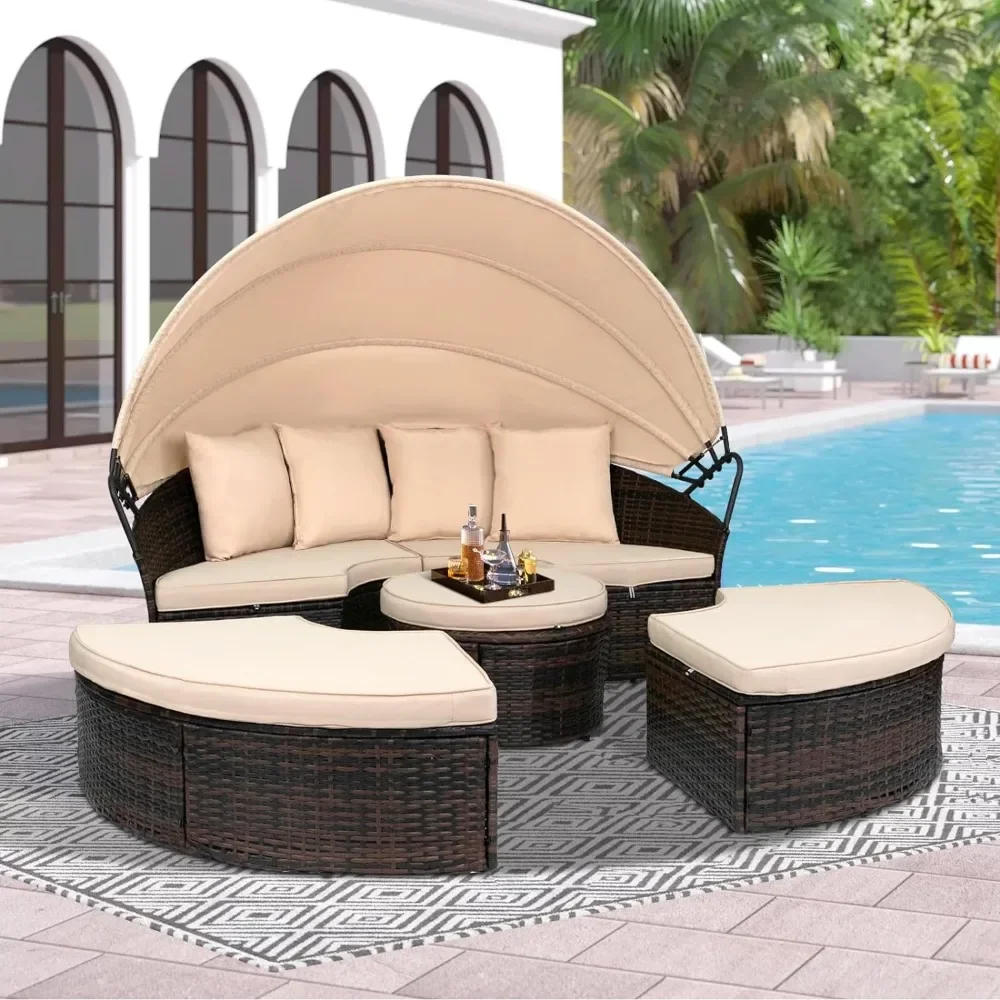 Outdoor Terrace Canopy Bed with Washable Soft Cushion, Clamshell Shaped Segmented Seats, Suitable for Backyard, Porch, (brown)