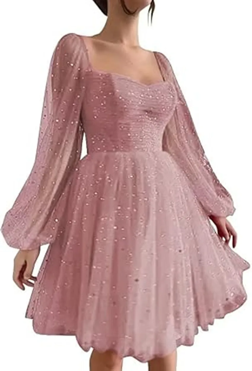 Robe de bal courte en Tulle scintillant, personnalisée, Mini robe de Cocktail moelleuse à manches longues, pour événements spéciaux