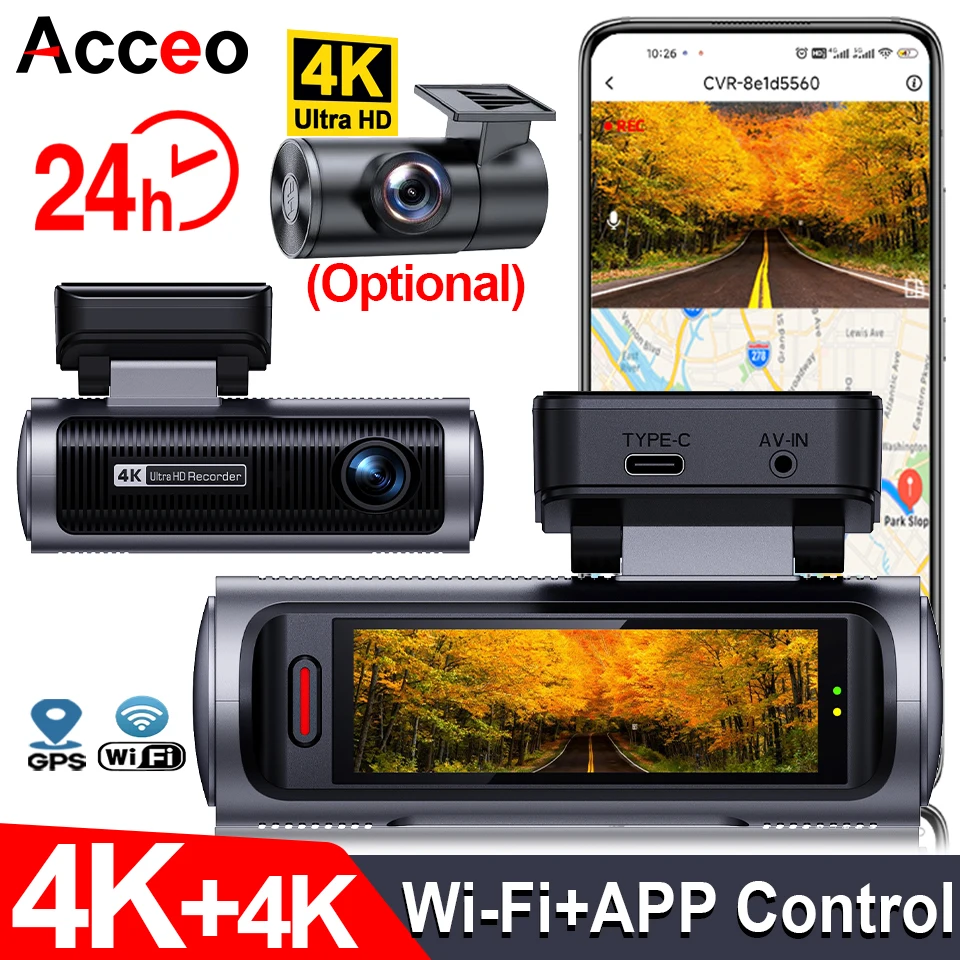 

Acceo 4K Dash Cam Car DVR Universal Black Box with WiFi GPS Optional 4K Rearview Camera Night Vision 24H Parking Mode Car Camera