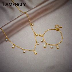 LAMENGLY 316L Stainless Steel Round Square Clear Crystal Necklace Bracelet For Women New Trend Girls Jewelry Set Birthday Gifts