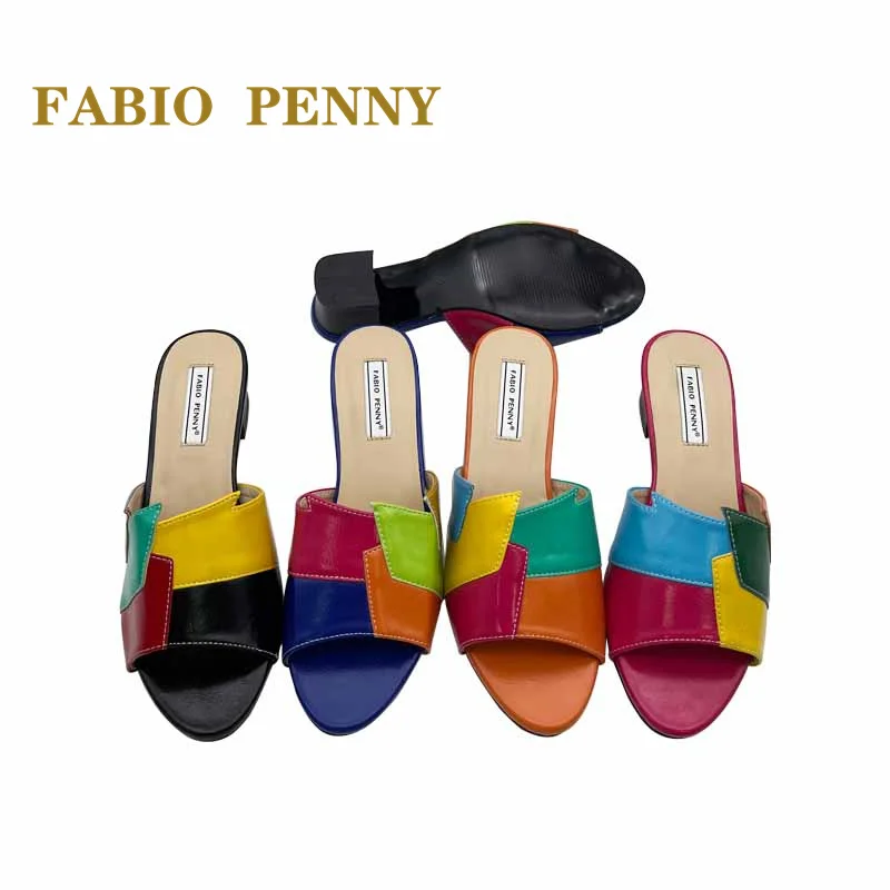 FABIO PENNY African Mom\'s nowe letnie, wielokolorowe, patchworkowe kapcie damskie na średnim obcasie