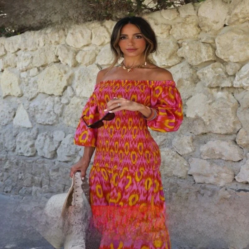 여성용 긴 소매 오프숄더 드레스 우아한 여성 스타일 풀 길이 우아한 원숄더 디자인 겨울 시즌 패션 드레스