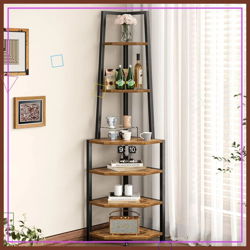 

6-Tier Corner Shelf, 69-Inch Industrial Bookshelf with Metal Frame, Multipurpose Plant Stand for Living Room, Bedroom, Office
