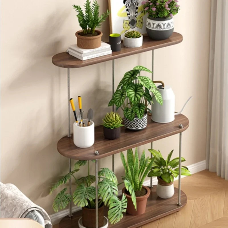 Solid Wood Balcony Storage Rack Multi-Tier Shelf Floor Standing Plant Stand with Stainless Steel Iron Art for Living Room