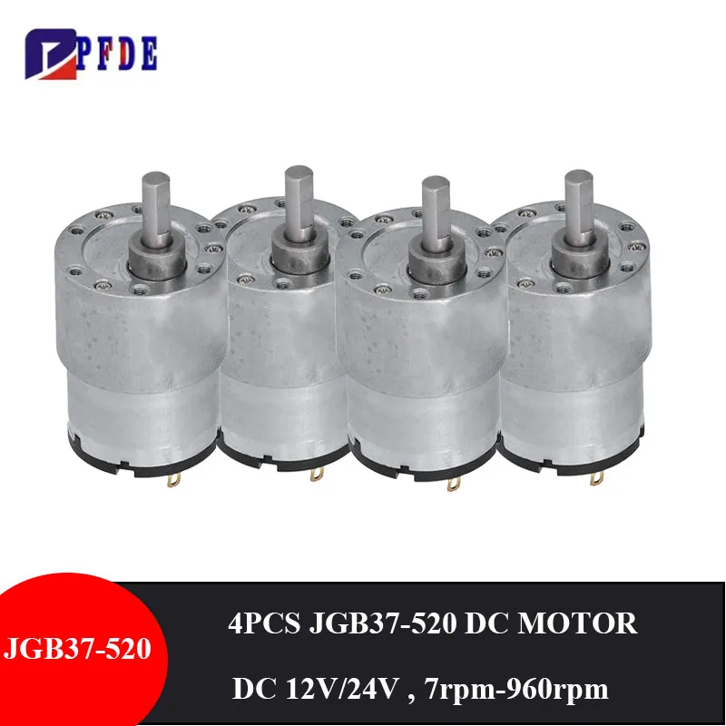 4PCS JGB37-520 DC Gear Motor High Torque CW CCW Copper Wire with 6mm D Shaft Speed Reduction Motor 12V 24V 7RPM-960RPM