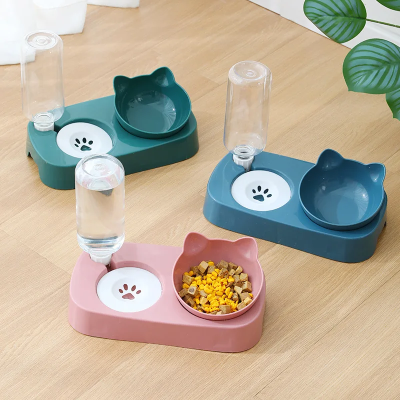 Pet feeder with water dispenser, cat shaped floating water dual bowl, food basin, pet bowl