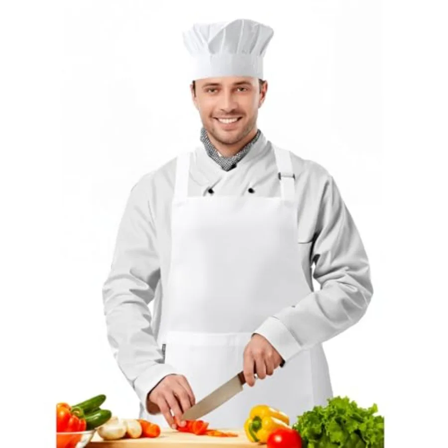 

Chef Hat and Apron SetDurable Bib Apron with 2 Pockets and Matching Hat Perfect Chef Costume for Man and Woman Chef Coat White