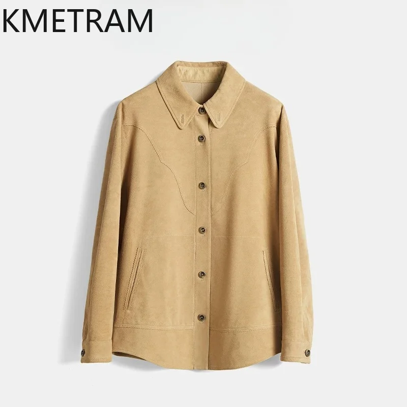 KMETRAM Quality Crossbreed Sheep Suede Genuine Leather Jacket Woman Vintage Shirt Leather Coat Lapel Crop Jacket of Woman 점퍼