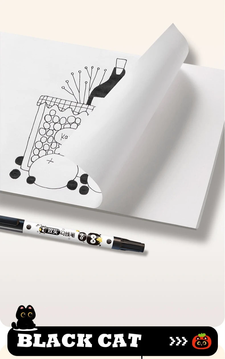 5 Stück Doppelspitzen-Zeichenstift mit feiner Linie, wasserfest, schwarzes Katzen-Design zum Skizzieren, Manga-Kunststudenten-Marker – Detail 4