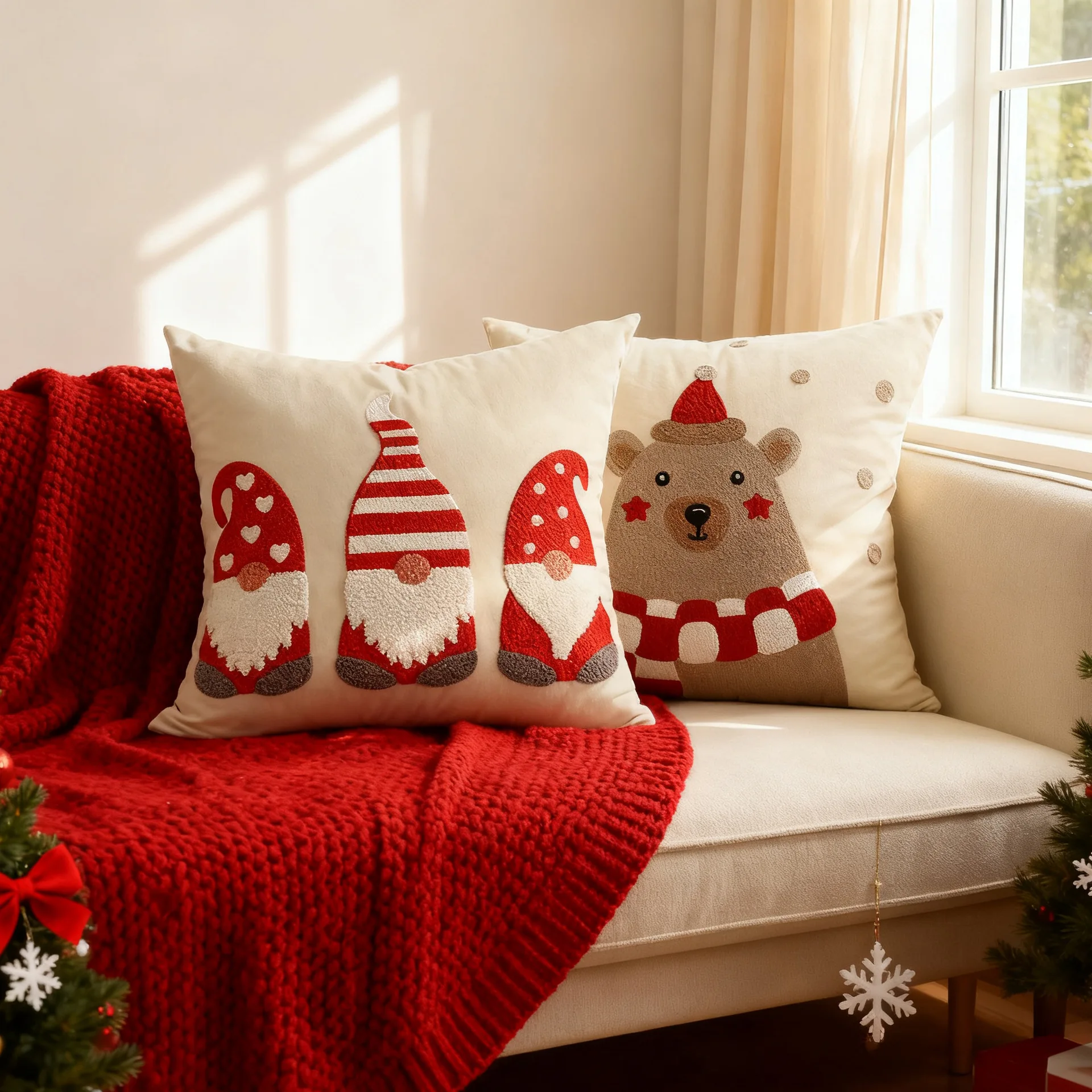 European and American Dwarfs Velvet Pillow Cover, Embroidery Cushion Cover, Christmas Theme