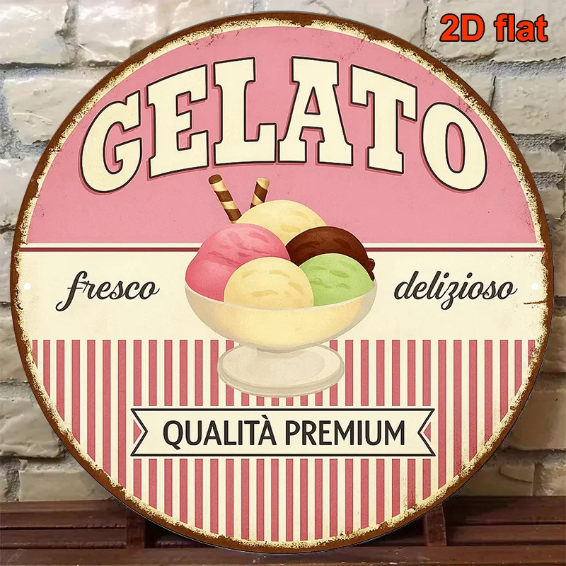 2D Flat, Metal Iron Sign. Round Italian, Featuring Decoration About Delicious Gelato Ice Cream. This Retro Perfect for Decorag