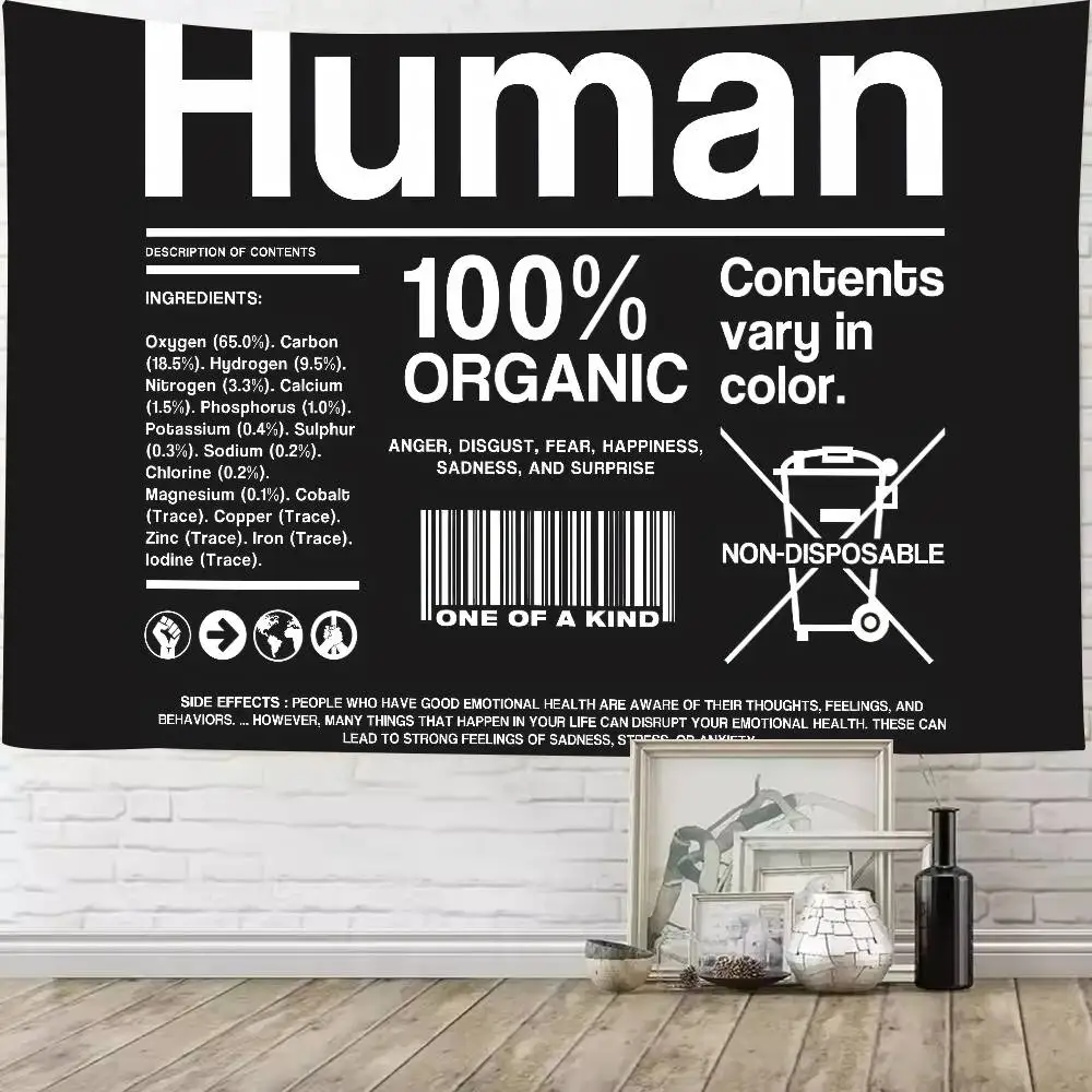 Human 100% Organic Text Art Tapestry Funny Black White Label Quote Wall Hanging Non-Disposable Human Ingredients Barcode   Decor