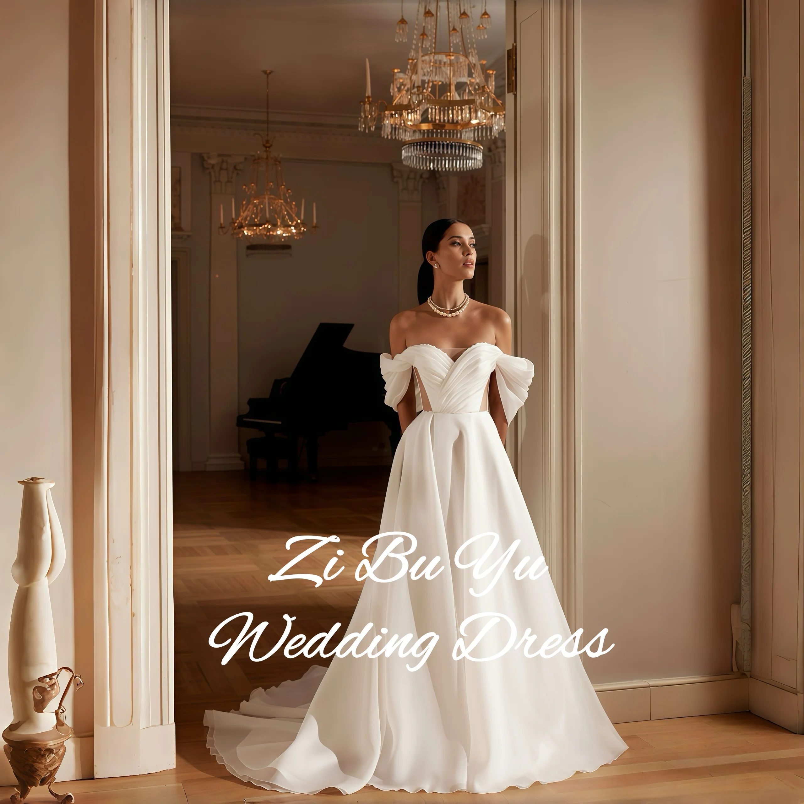 

ZIBUYU Customized Elegant Wedding Dress Off-the-Shoulder Sweetheart Neck Puff Sleeve High Slit Satin A-Line Train Bridal Gowns