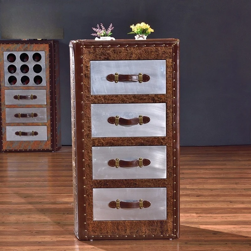 

Four-chest cabinet American country leather art aluminum leather unique personality side cabinet retro locker furniture