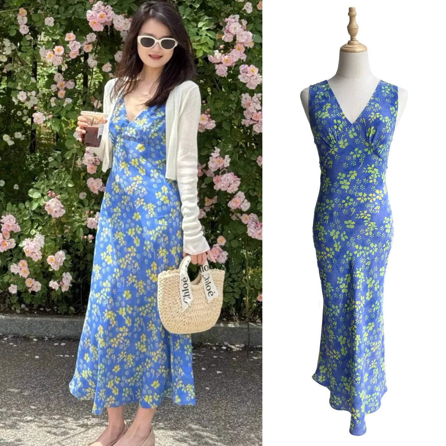 Niebieska Letnia · Francuski Retro Nadruk Seksowna Sukienka Bez Rękawów z Jedwabiu z Głębokim Dekoltem w Serek i Asymetrycznym Krojem, Niebieska Sukienka Wakacyjna Bez Rękawów w Kwiaty