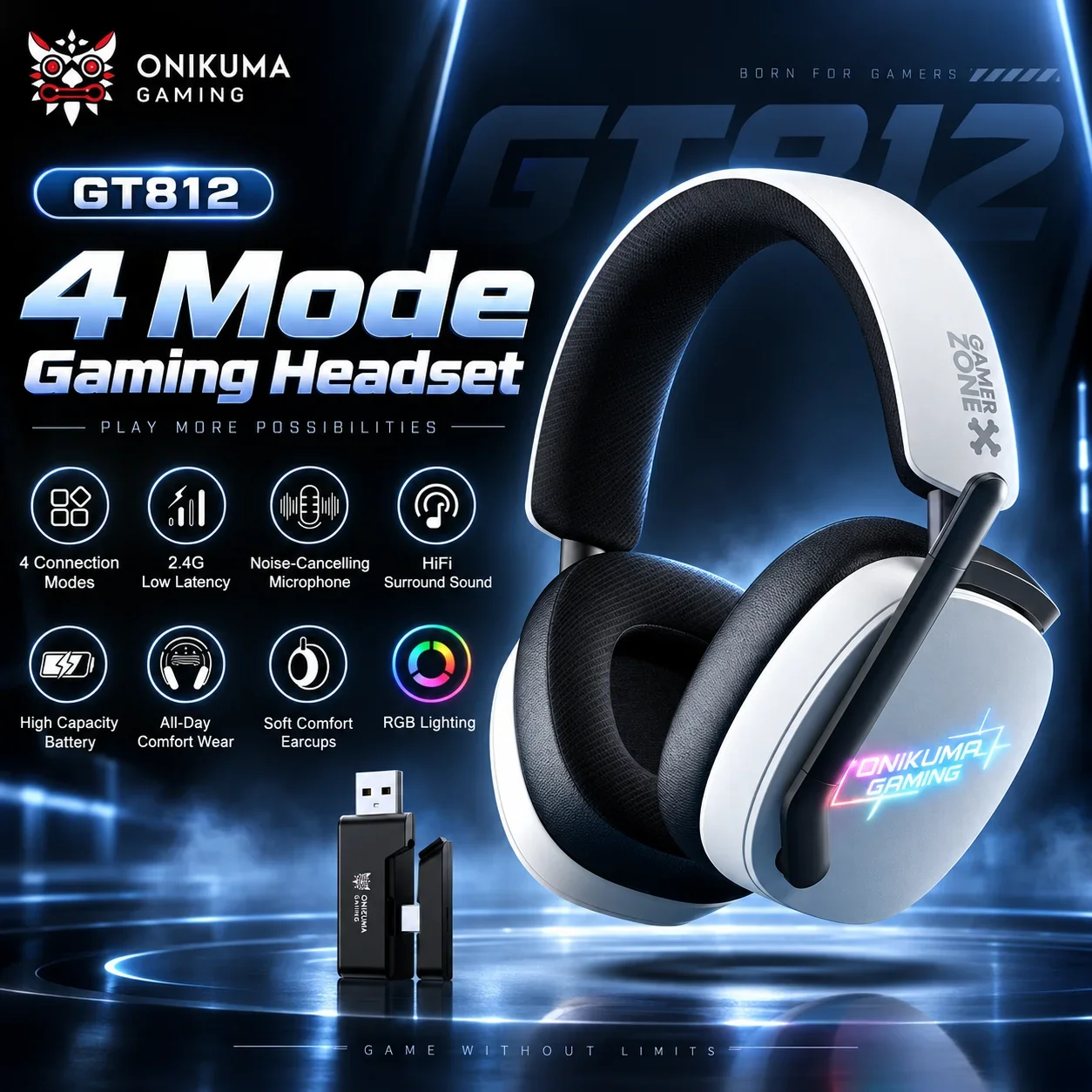ONIKUMA GT812 Wireless Gaming Headset 2.4G Low Latency 50mm Driver RGB Headphones With Mic For PC PS5 Switch Phone Laptop PS4