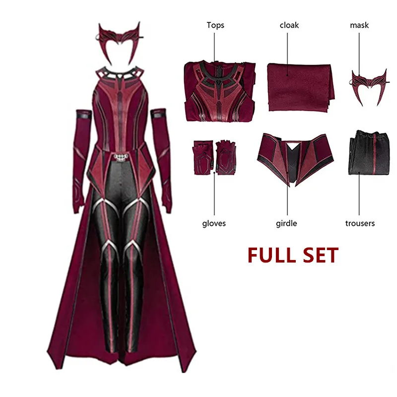 Female Wanda Maximoff Cosplay Costume Scarlet Witch Headwear Cloak and Pants Full Set Outfit Halloween Accessories Props